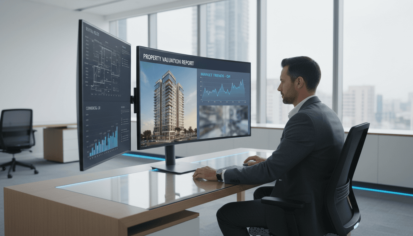 Real estate professional analyzing AI property data on multiple computer screens in a modern office