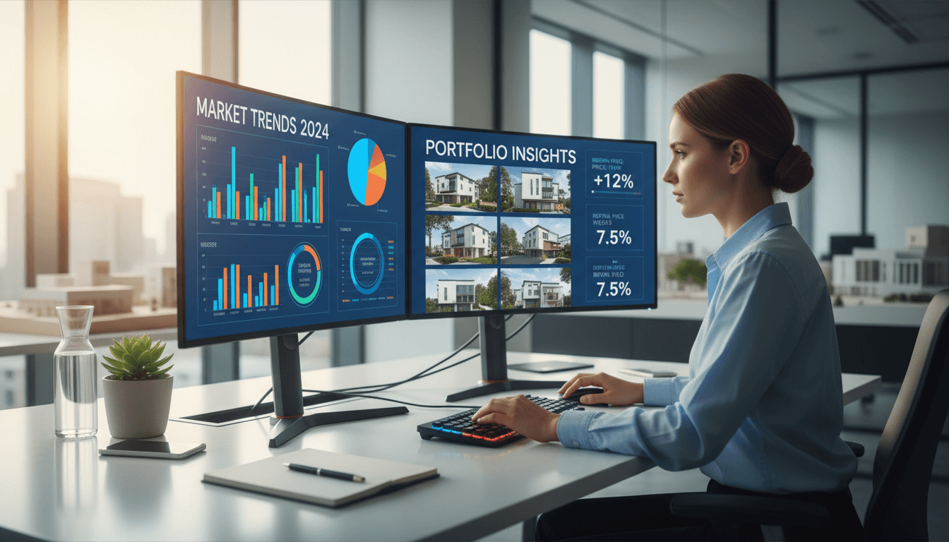 Real estate analyst reviewing AI-powered property market data on computer screens