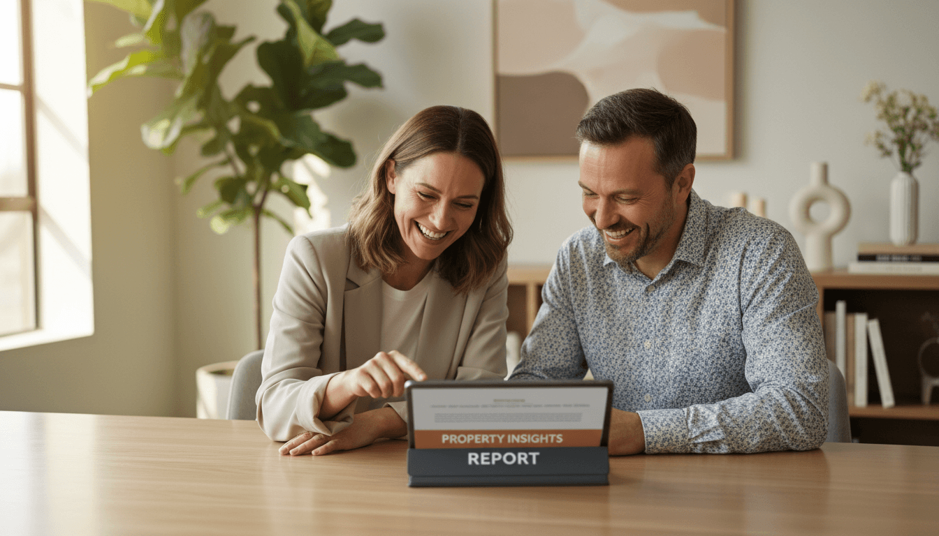 Real estate agent and client reviewing AI property analysis report together