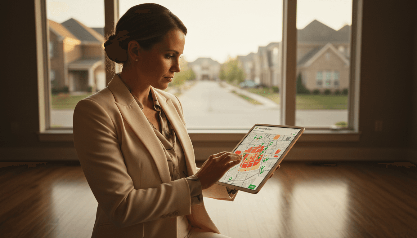 Real estate professional reviewing AI neighborhood analysis on tablet with street view