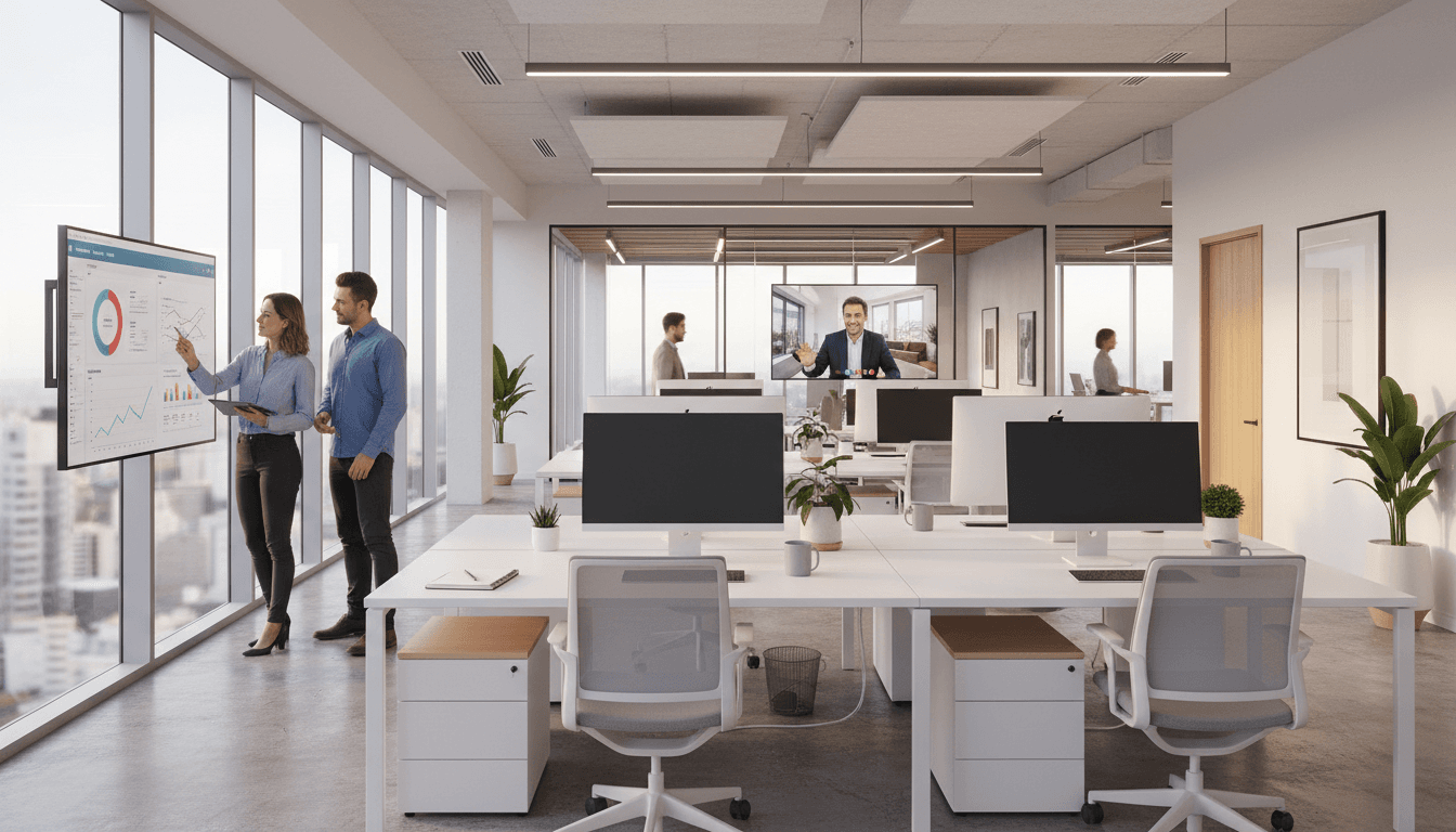 Real estate team collaborating at modern office desks with AI analysis tools
