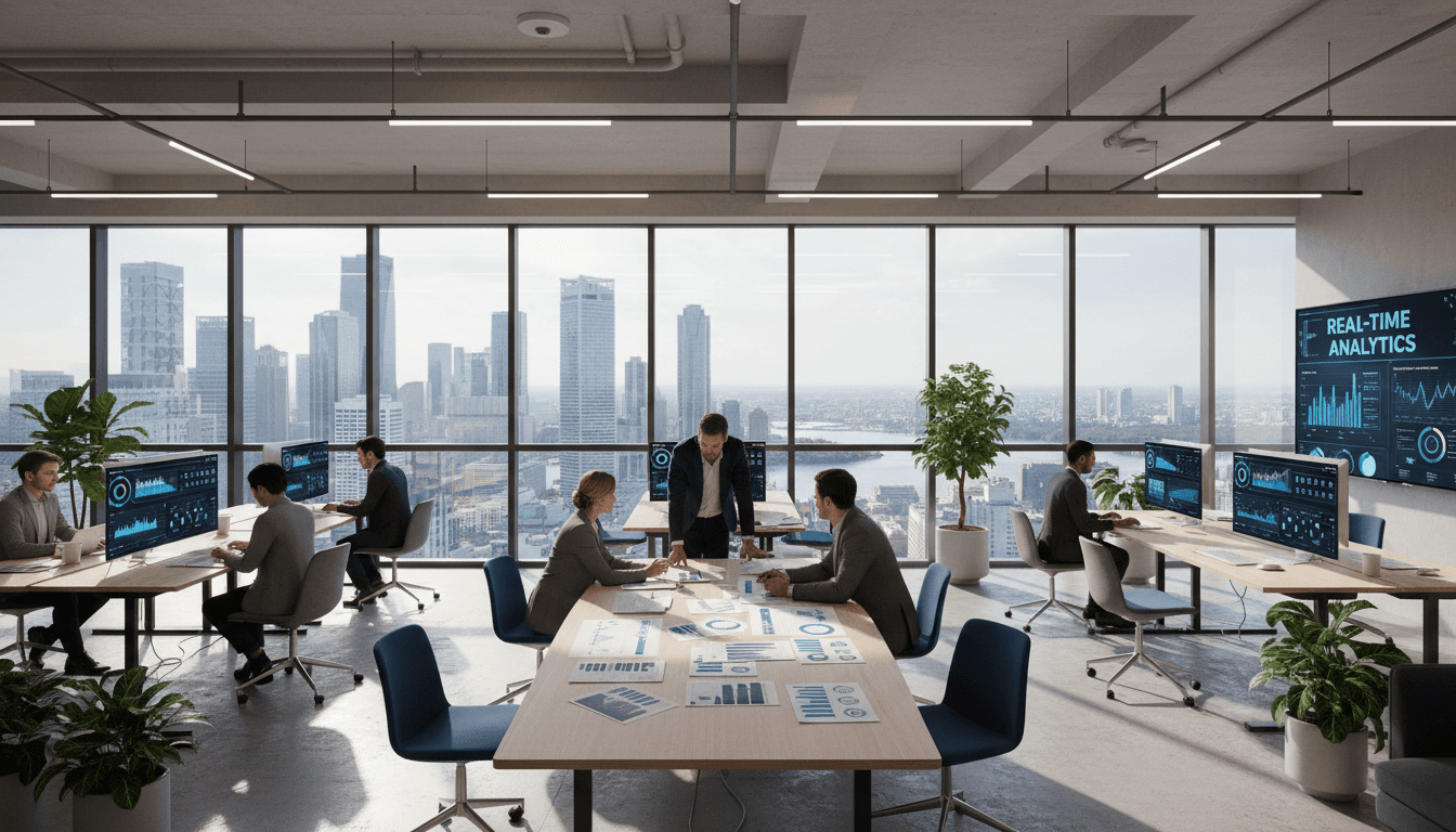 Professional workspace with multiple computer monitors displaying property analysis data and market insights