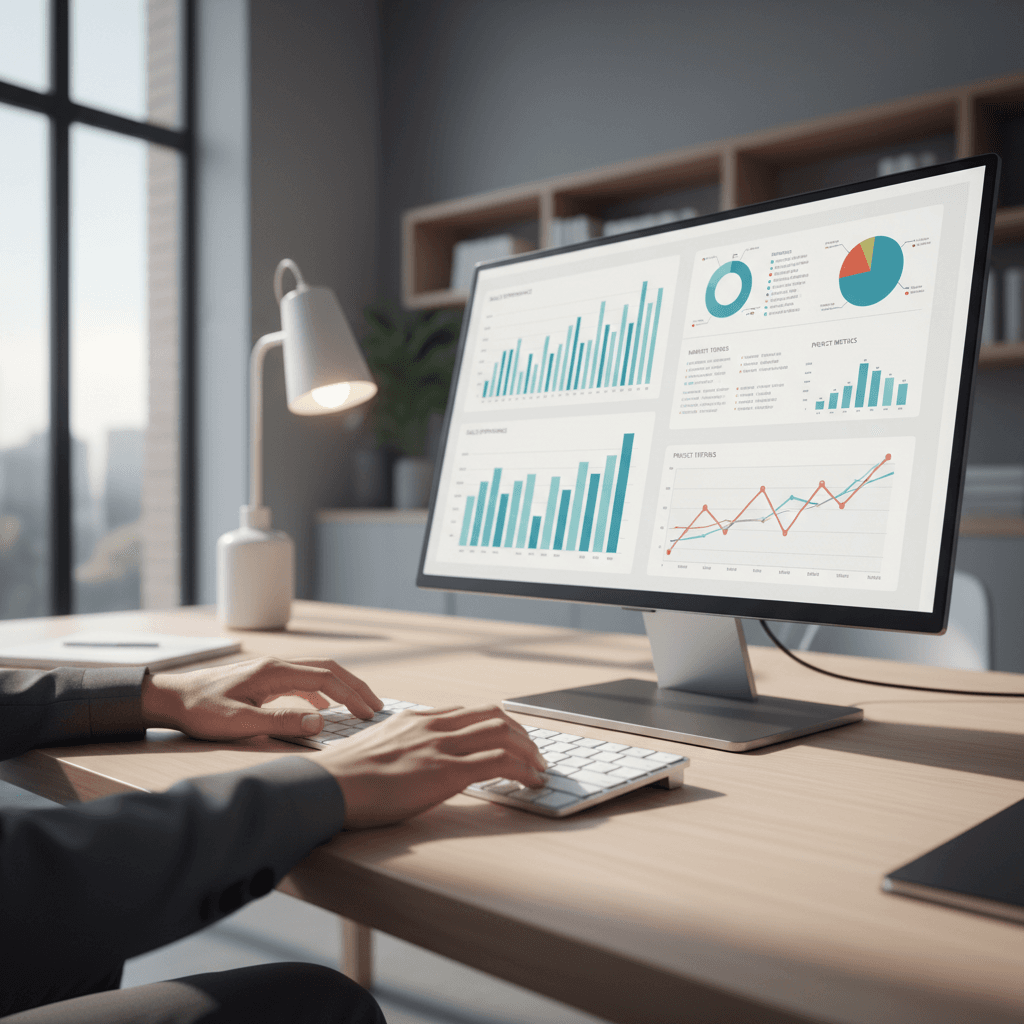 Real estate consultant analyzing property data with AI insights on tablet and laptop