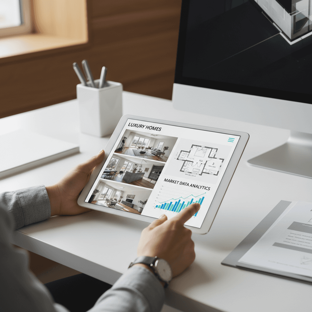 Hands holding tablet with property analysis data and market insights