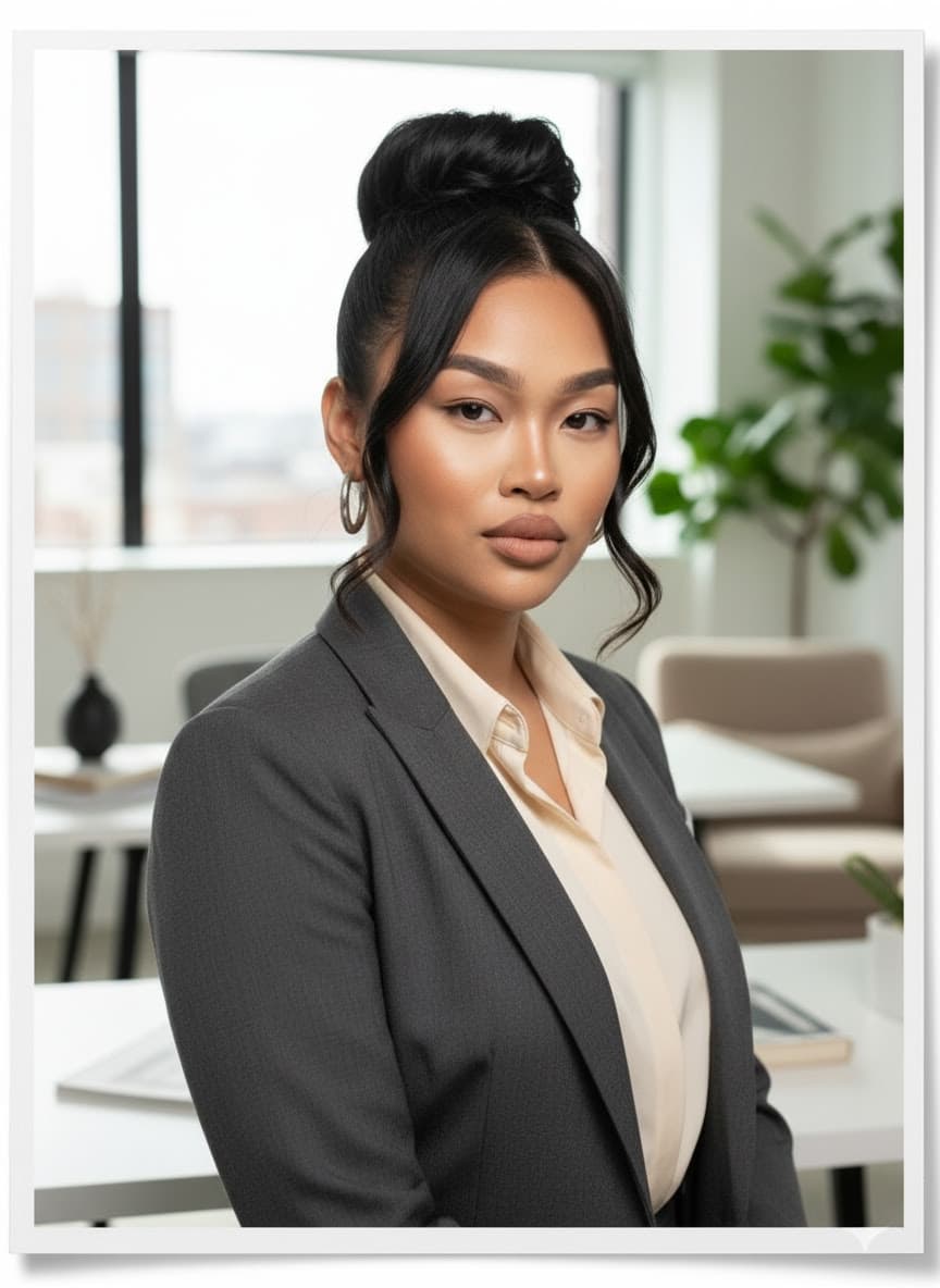 Professional woman with dark hair in a bun wearing a grey blazer in an office.